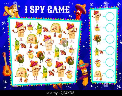 Feuille de travail de jeu d'enfants I SPY avec personnages de la nourriture mexicaine de dessin animé, énigme de table de vecteur. J'espionne ou trouve et match jeu de société avec le burrito mexicain, tacos, avocat, nachos et jalapeno dans sombrero Illustration de Vecteur