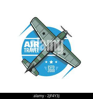 Icône de voyage aérien, emblème vectoriel avec avion à hélice avec étoiles sur les ailes vue de dessus. Étiquette d'avion avec avion à réaction, service de réservation de vol de voyage, aventure de compagnie aérienne, promotion de voyage touristique Illustration de Vecteur