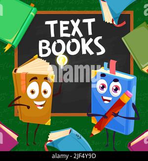 Personnages de manuel de dessin animé à la commission scolaire, livres avec visages, poster vectoriel. Bibliothèque scolaire ou éducation des enfants librairie et librairie de littérature, livres drôles à l'école tableau noir ou tableau noir Illustration de Vecteur