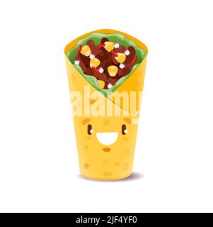 Personnage de la restauration rapide de cartoon burrito. Kawaii Spring roll, shawarma ou doner kebab drôle de personnage. En-cas Vector Mexican tex mex rempli de laitue, de haricots, de maïs et de légumes au visage souriant Illustration de Vecteur