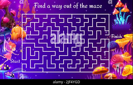 Forêt de champignons magiques. Labyrinthe de labyrinthe. Aide pour trouver un moyen pour la fée. Quiz pour enfants, jeu de puzzle pour enfants ou feuille de travail vectorielle avec activité de recherche et fée forestière, champignons ludiques Illustration de Vecteur