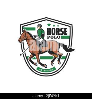 Icône de sport de polo de cheval avec joueur sur l'étalon. Badge de tournoi ou de championnat de sport équestre, symbole ou autocollant de vecteur de club. Horse polo Horse ball jeu équipe autocollant rétro Illustration de Vecteur