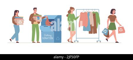 Recyclage textile, concept écologique. Les gens recyclent leurs vêtements usagés pour créer une mode écologique. Les femmes et les hommes donnent des vêtements à des œuvres de charité. Les gens mettent les vêtements dans le récipient, choisissez-en de nouveaux. Vecteur plat. Illustration de Vecteur