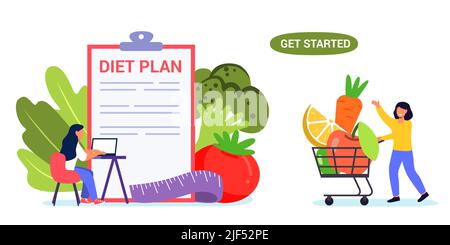 Modèle de site Web de vecteur de plan de régime de personnes minuscules liste de contrôle de plan de régime alimentaire et nutritionniste avec des légumes et des fruits programmes de régime végétalien saine alimentation concep Illustration de Vecteur
