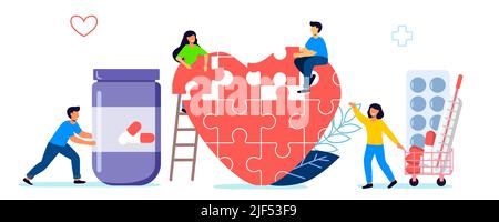 Journée mondiale du coeur sensibilisation aux soins de santé équipe de soins de santé travaillant ensemble dans l'unité et la gestion abstrait puzzle coeur symbole. Les gens minuscules sont charmes Illustration de Vecteur