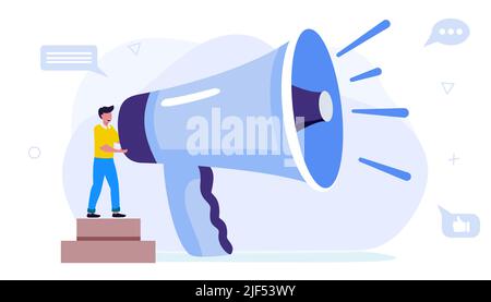 Haut-parleur professionnel avec le mégaphone minuscules personnes créatives stagiaires ou membres de l'entreprise à l'écoute de la performance à un entraîneur qualifié ou un collègue senior Illustration de Vecteur