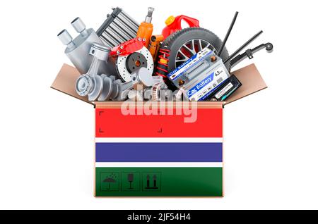Drapeau de Gambie peint sur le colis avec des pièces de voiture. 3D rendu isolé sur fond blanc Banque D'Images