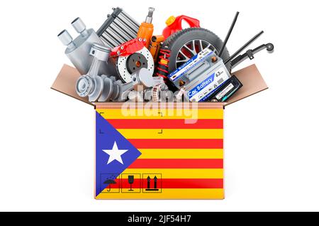 Drapeau catalan peint sur la parcelle avec des pièces de voiture. 3D rendu isolé sur fond blanc Banque D'Images