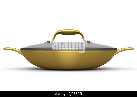 Poêle ou wok avec couvercle en verre sur fond blanc, ustensiles de cuisine antiadhésifs Banque D'Images