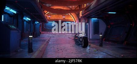 Une moto cyberpunk dans un quartier sombre et futuriste du centre-ville, la nuit. 3D rendu. Banque D'Images