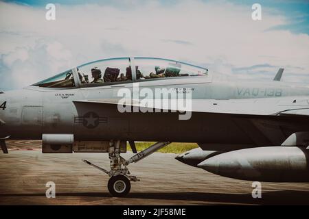 Le lieutenant S. A. McKay de la Marine américaine, un pilote de Growler EA-18G de la Marine, donne un signal de main et de bras sur les Palaos à l'appui du Bouclier vaillant 22, 13 juin 2022. Des exercices comme le Bouclier Valiant permettent aux forces interarmées du Commandement Indo-Pacifique d'intégrer des forces de toutes les branches de service pour réaliser des effets précis, létaux et écrasants multi-axes, multi-domaines qui démontrent la force et la polyvalence de la Force interarmées et notre engagement à un Indo-Pacifique libre et ouvert. (É.-U. Photo du corps marin par Cpl. Samuel Fletcher) Banque D'Images