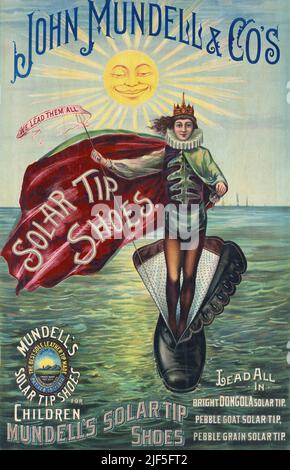 1889 publicités pour John Mundell & Co's Solar Tip Shoes. Lithographie par Wells & Hope Co Banque D'Images