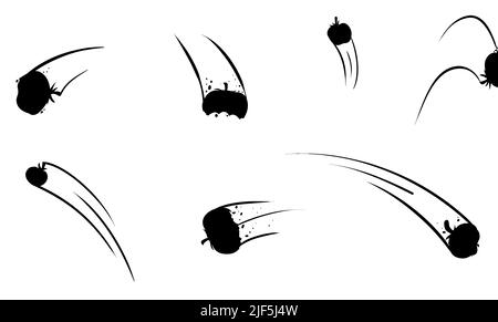 Ensemble avec différentes tomates volantes avec des lignes de vitesse dans des silhouettes sur fond blanc. Illustration de Vecteur