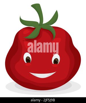 Joyeux personnage de tomate avec sourire dans un style de dessin animé sur fond blanc. Illustration de Vecteur