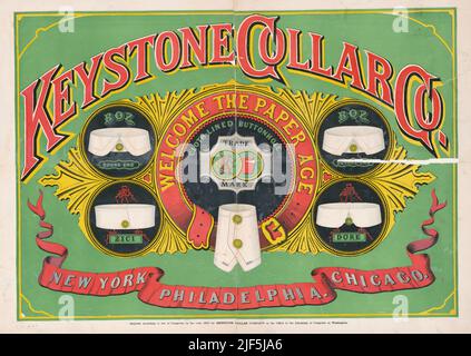 1870 annonce pour Keystone Collar Co. Bienvenue l'âge du papier, boutonnière doublée de tissu. New York, Philadelphie, Chicago. Banque D'Images