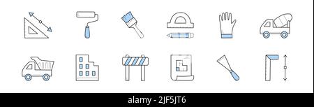 Icônes de construction et de construction. Photocalque, rouleau et pinceau à peinture, voiture et camion à mélangeur de béton, règle triangulaire et rapporteur, crayon, panneaux vectoriels de barrière de route rayés Illustration de Vecteur