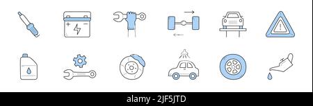 Icônes d'entretien de voiture, signaux vectoriels bougie, accumulateur, main avec clé et roues. Auto sur l'élévateur, panneau d'avertissement, station-service, lubrificateur avec huile et engrenages. Illustrations vectorielles de dessin au trait Illustration de Vecteur