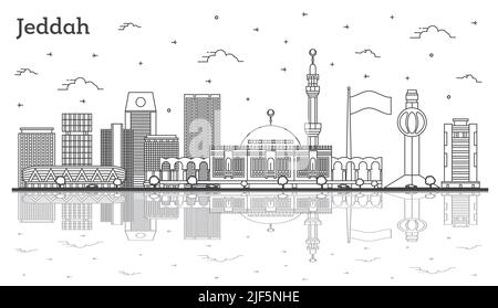 Frontières Jeddah Saudi Arabia City Skyline avec bâtiments modernes et réflexions isolées sur le blanc. Illustration vectorielle. Jeddah CityScape. Illustration de Vecteur