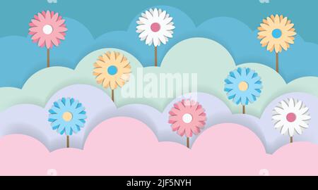 Été résumé papier coupé avec fleurs vecteur de fond, art papier avec dessin couleur pastel Illustration de Vecteur