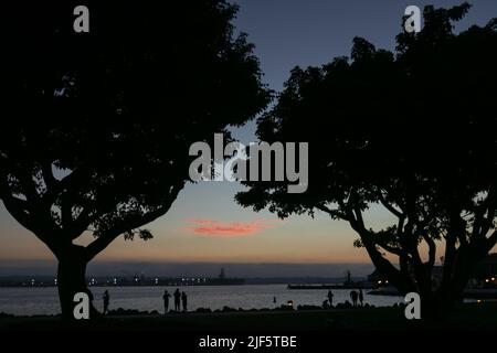 30 juin 2022, San Diego, CA, États-Unis: Les ciffs, arbres, rochers, et l'océan pendant le coucher de soleil d'été à San Diego, Californie mercredi, 29 juin 2022 (image de crédit: © Rishi Deka/ZUMA Press Wire) Banque D'Images