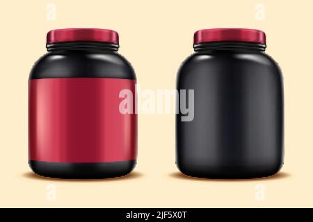 Maquettes de bocal en plastique pour protéines de lactosérum. 3D Illustration de grands pots en plastique isolés sur fond orange clair, l'un avec une étiquette rose et l'autre aveco Illustration de Vecteur
