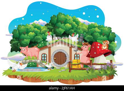 Animaux de ferme à la maison hobbit sur fond blanc illustration Illustration de Vecteur