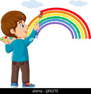 Joli petit garçon peint et dessinant l'arc-en-ciel sur le mur Illustration de Vecteur