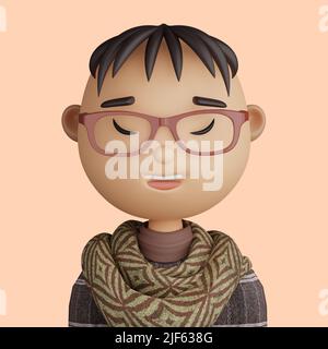 3D illustration de l'homme asiatique. Dessin animé gros plan portrait d'un homme asiatique souriant sur fond jaune. 3D Avatar pour ui ux. Banque D'Images