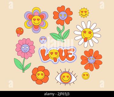 Rétro 70s éléments groovy, jolis autocollants fantaisie hippy. Dessin animé fleurs, soleil, oeil, visages emoji, hippie sticker vecteur ensemble. Lettrage à la main Love In Illustration de Vecteur