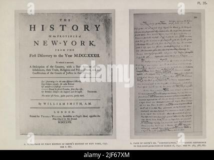 PAGE DE TITRE DE LA PREMIÈRE ÉDITION DE L’HISTOIRE DE SMITH À NEW YORK, I757 (À GAUCHE) PAGE DE LA MS DE SMITH. "SUITE, CONTENANT UNE RÉFÉRENCE À LA CONFLAGRATION DU I8 MARS 1741 du livre The iconography of Manhattan Island, 1498-1909 compilé à partir de sources originales et illustré par des reproductions photo-intaglio de cartes, plans, vues et documents importants dans des collections publiques et privées - Volume 4 Banque D'Images