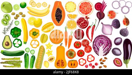 Grand ensemble d'illustrations vectorielles réalistes de fruits et légumes Illustration de Vecteur