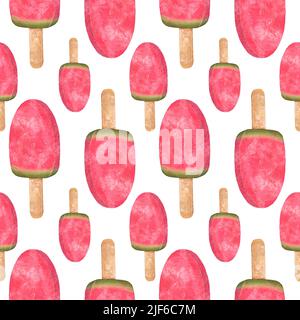 Motif aquarelle sans couture avec crème glacée à la pastèque. Crème glacée à la pastèque sur un bâton. Glace de pastèque sur un bâton. Banque D'Images