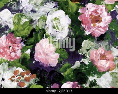 Fleurs abstraites, peinture d'art, arrière-plan original peint à la main, style impressionniste, texture de couleur, coups de pinceau, fond d'art, Banque D'Images