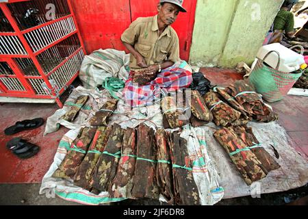 Un homme qui vend des écorces de cannelle crues au marché de Bolu, un marché traditionnel à Rantepao, Toraja Nord, Sulawesi Sud, Indonésie. Banque D'Images