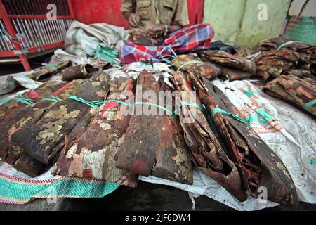 Un homme qui vend des écorces de cannelle crues au marché de Bolu, un marché traditionnel à Rantepao, Toraja Nord, Sulawesi Sud, Indonésie. Banque D'Images