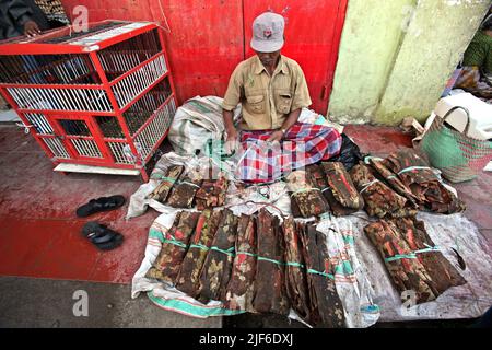 Un homme qui vend des écorces de cannelle crues au marché de Bolu, un marché traditionnel à Rantepao, Toraja Nord, Sulawesi Sud, Indonésie. Banque D'Images