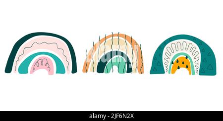 Boucles de pluie boho abstraites avec motif bizarre. Arc mignon dessiné à la main pour la décoration de pépinière, anniversaire, fête, affiches d'intérieur de chambre. Illustration vectorielle de graphiques scandinaves de pépinière neutres pour le sexe Illustration de Vecteur