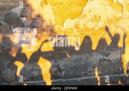 Des ombres de dansant sur un vieux mur au coucher du soleil. Groupe d'ombres humaines sur l'arrière-plan de la paroi en pierre. Banque D'Images