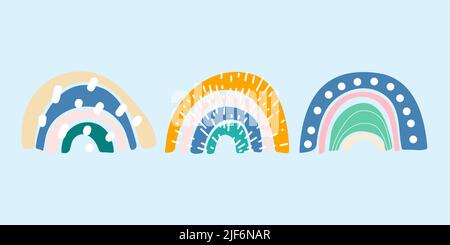 Boucles de pluie boho abstraites avec motif bizarre. Arc mignon dessiné à la main pour la décoration de pépinière, anniversaire, fête, affiches d'intérieur de chambre. Illustration vectorielle de graphiques scandinaves de pépinière neutres pour le sexe Illustration de Vecteur