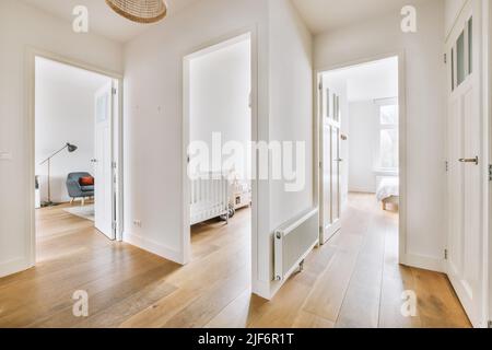 Couloir étroit avec murs blancs et portes menant à des chambres spacieuses avec parquet dans l'appartement moderne Banque D'Images