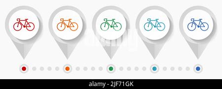 Icônes vectorielles de concept de vélo, modèle d'infographie modifiable, jeu de pointeurs plats colorés Illustration de Vecteur