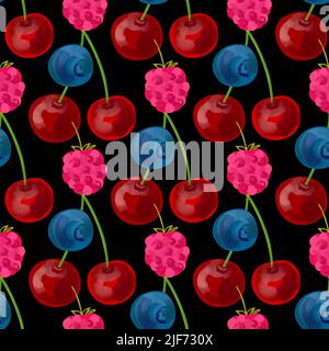 Motif sans couture avec illustration des framboises et des bleuets sur fond noir Illustration de Vecteur