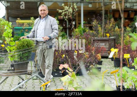 Homme caucasien choisissant des pousses dans le centre de jardin Banque D'Images