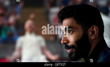 Le Jasenit Bumrah de l'Inde parle aux médias lors d'une conférence de presse au stade Edgbaston, à Birmingham. Date de la photo: Jeudi 30 juin 2022. Banque D'Images