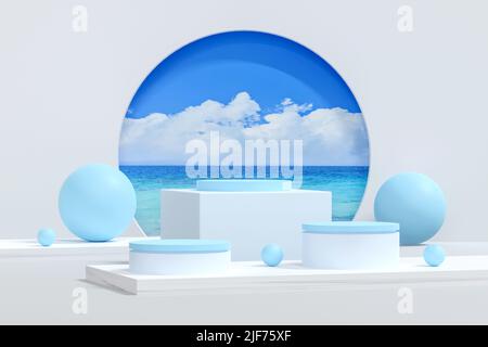 podium blanc et bleu minimal sur scène avec plate-forme blanche sur ciel bleu. scène pour présenter des produits cosmétiques et des bijoux. scène sur pied studio moderne 3d Banque D'Images