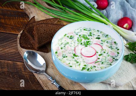 Soupe froide d'été avec yaourt et légumes. Soupe froide russe traditionnelle okroshka Banque D'Images