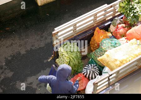 Les ouvriers agricoles déchargent le sac avec les légumes fraîchement récoltés dans un camion Banque D'Images