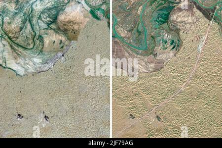 (220630) -- YULI, 30 juin 2022 (Xinhua) -- photo combinée prise par satellite montre la même zone du désert de Taklimakan avant la construction (L) et après la construction d'une nouvelle autoroute dans la région autonome de Xinjiang, dans le nord-ouest de la Chine. Située dans la préfecture autonome mongole de Bayingolin, au sud du Xinjiang, l'autoroute reliant le comté de Yuli et le comté de Qiemo a été mise en service jeudi. L'autoroute est la troisième à travers le désert de Taklimakan, le deuxième plus grand désert de sable mobile au monde. Avec une vitesse prévue de 60 ou 80 km/h pour les différentes sections, le highw Banque D'Images