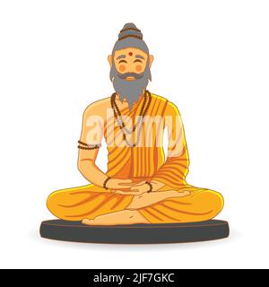 Gourou, ascétique, sauge, sadhu, saint, monk, yogi méditant la concentration. Les vêtements traditionnels d'orange de Saffron assis dans le yoga posent avec des perles de Rudraksha. Illustration de Vecteur