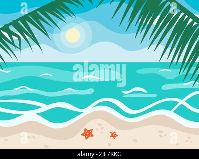 Paysage marin de style caricature. Journée ensoleillée d'été, plage et illustration de l'océan. Arrière-plan pour la bannière, le logo, le lettrage, la carte, l'affiche. Ciel bleu, mer Illustration de Vecteur